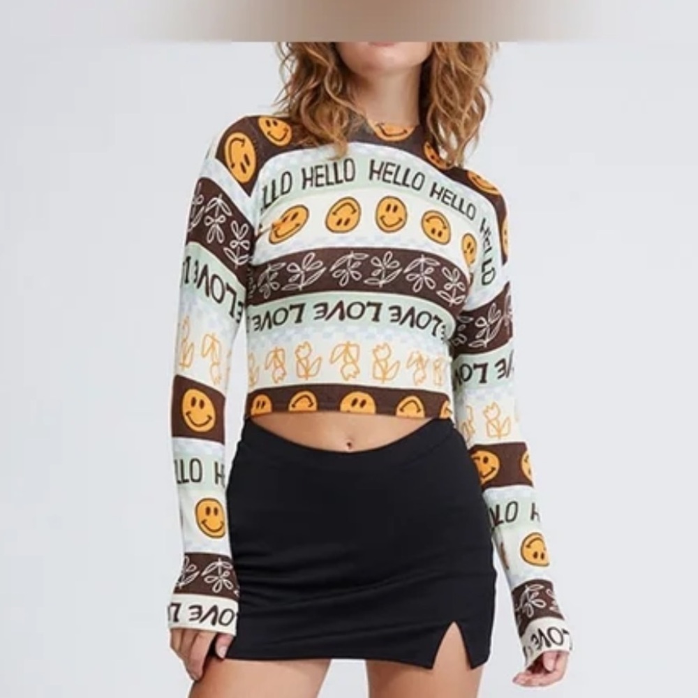 PacSun Brown and Cream Graphic Turtleneck Sweater Small